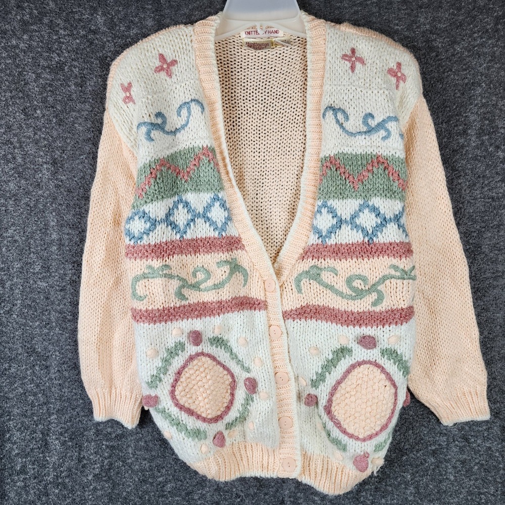 Huntington Ridge Cardigan Women L Peach Hand Knitted Button Down V-Neck EUC